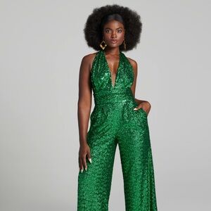 Gabrielle Union Emerald Green Sequin Wide Leg Jumpsuit XS Glam Party